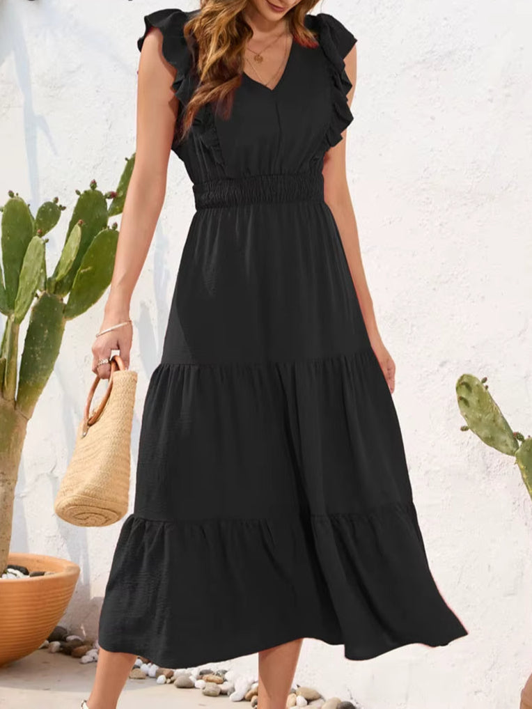 2025 Summer Female Solid Long Dress Women Sexy Ruffle Sleeveless V Neck Long Dress Lady Casual High Waist Dresses