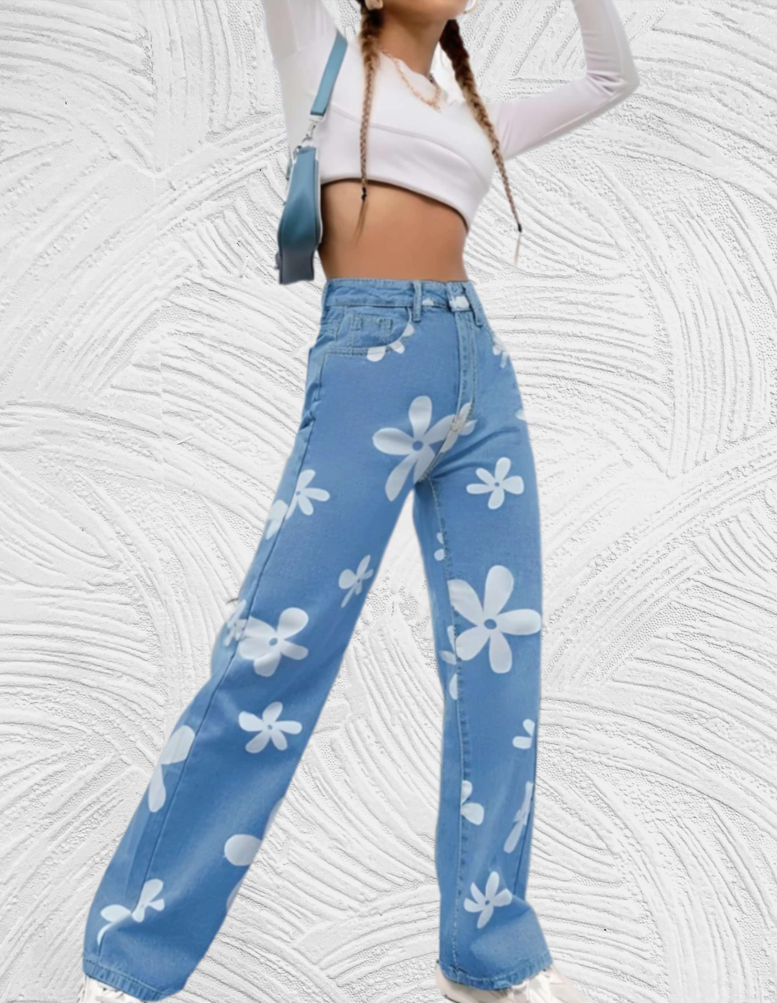 Denim jeans met hoge taille wijde pijpen met print van witte bloemen