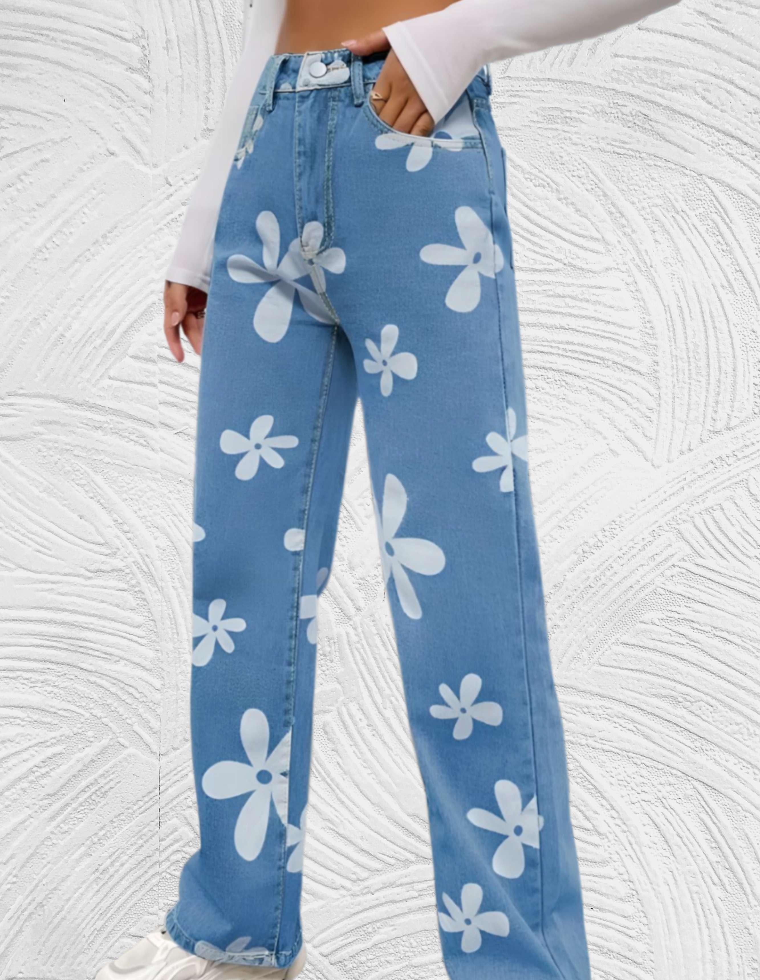 Denim jeans met hoge taille wijde pijpen met print van witte bloemen