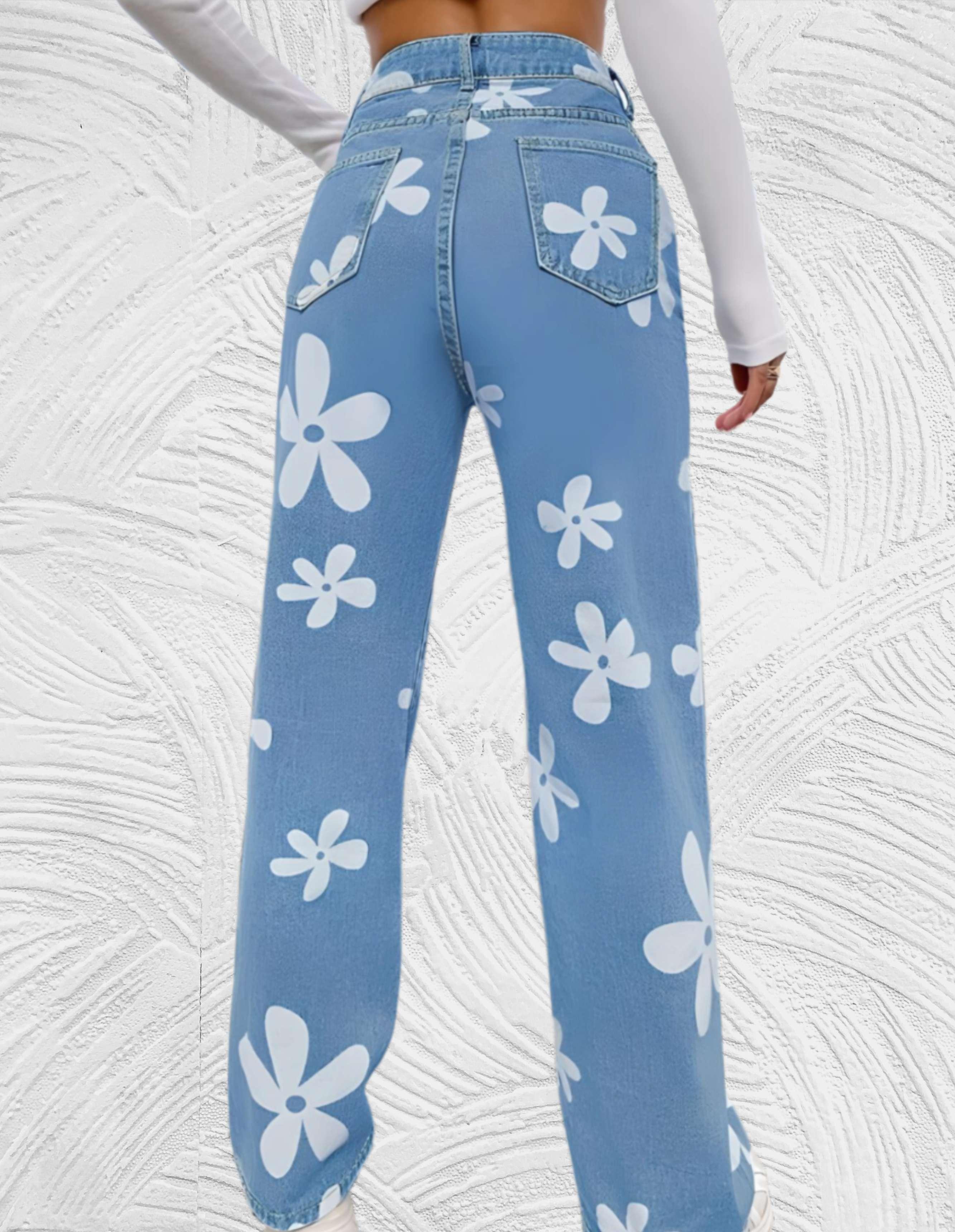 Denim jeans met hoge taille wijde pijpen met print van witte bloemen