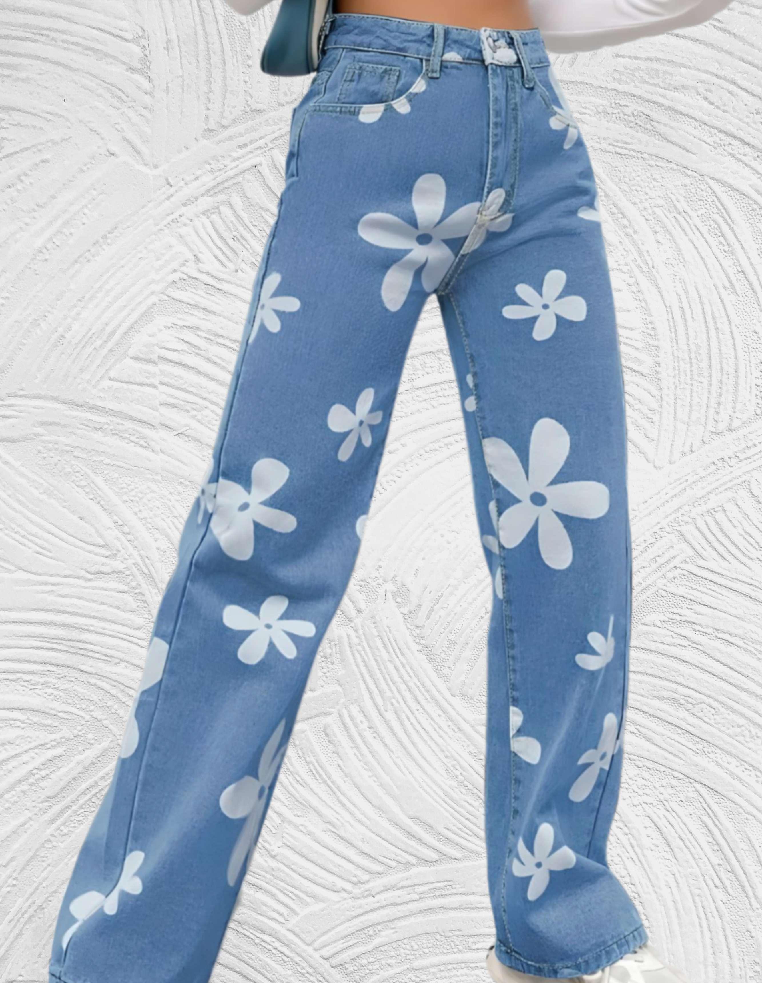 Denim jeans met hoge taille wijde pijpen met print van witte bloemen