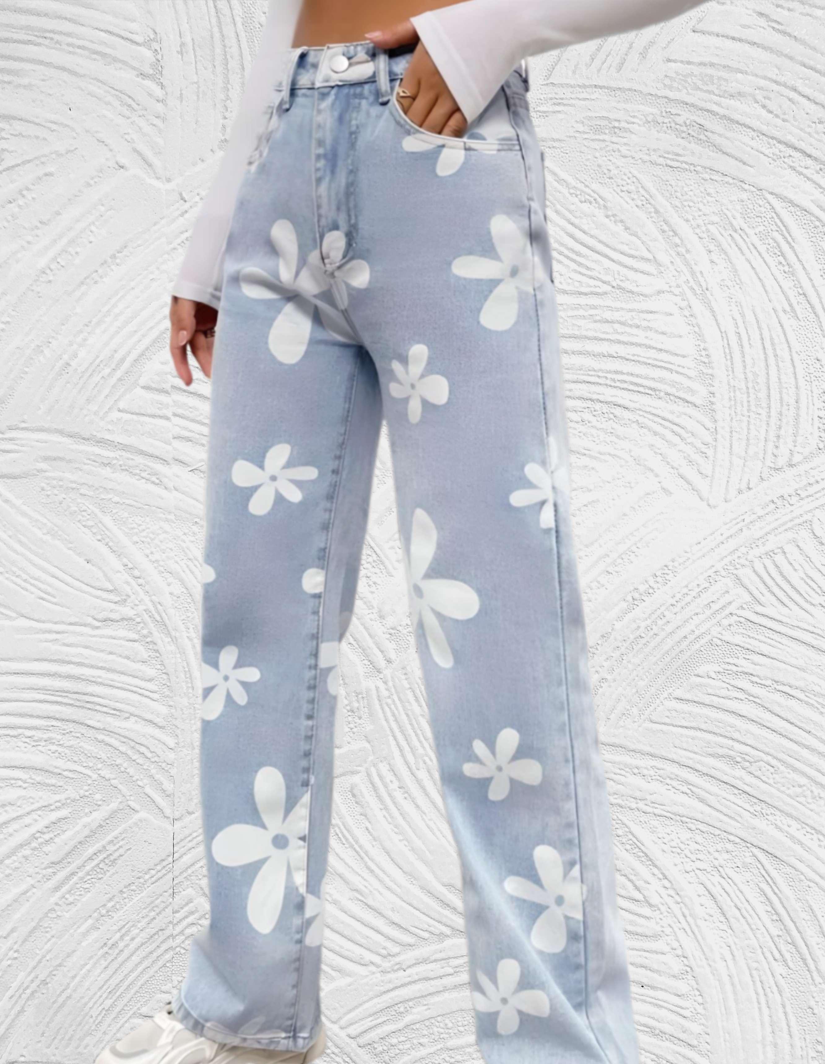 Denim jeans met hoge taille wijde pijpen met print van witte bloemen