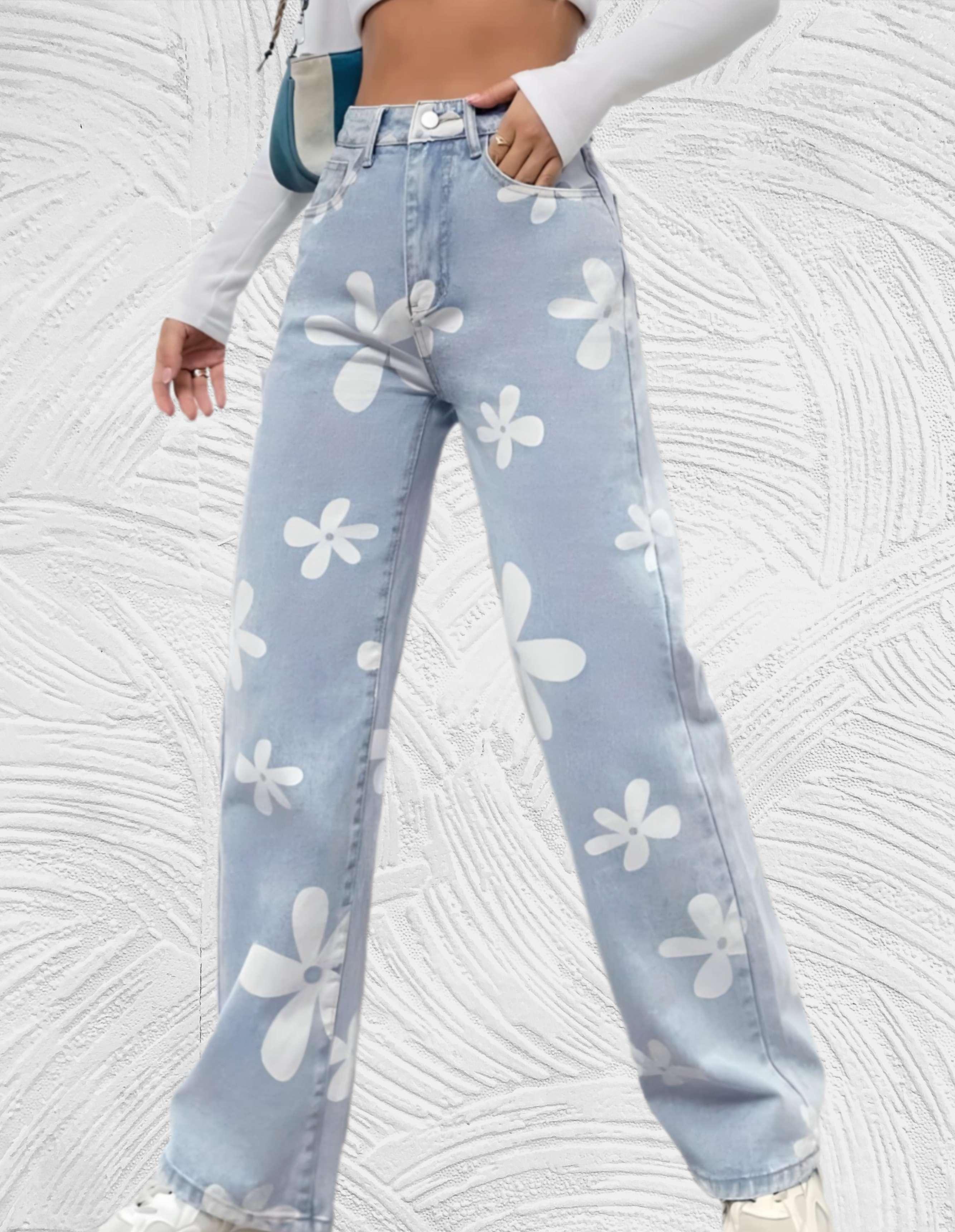 Denim jeans met hoge taille wijde pijpen met print van witte bloemen