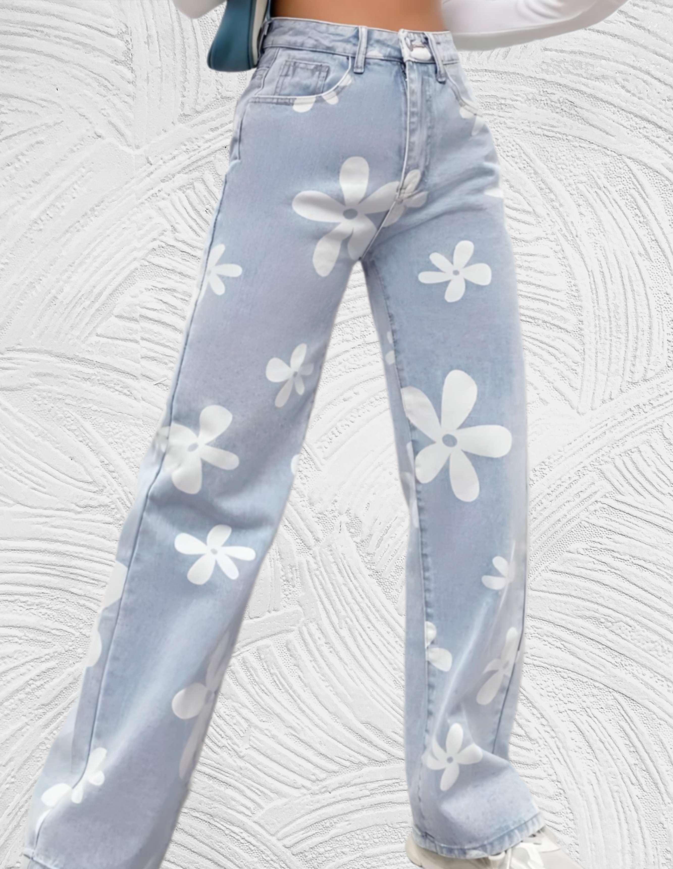 Denim jeans met hoge taille wijde pijpen met print van witte bloemen