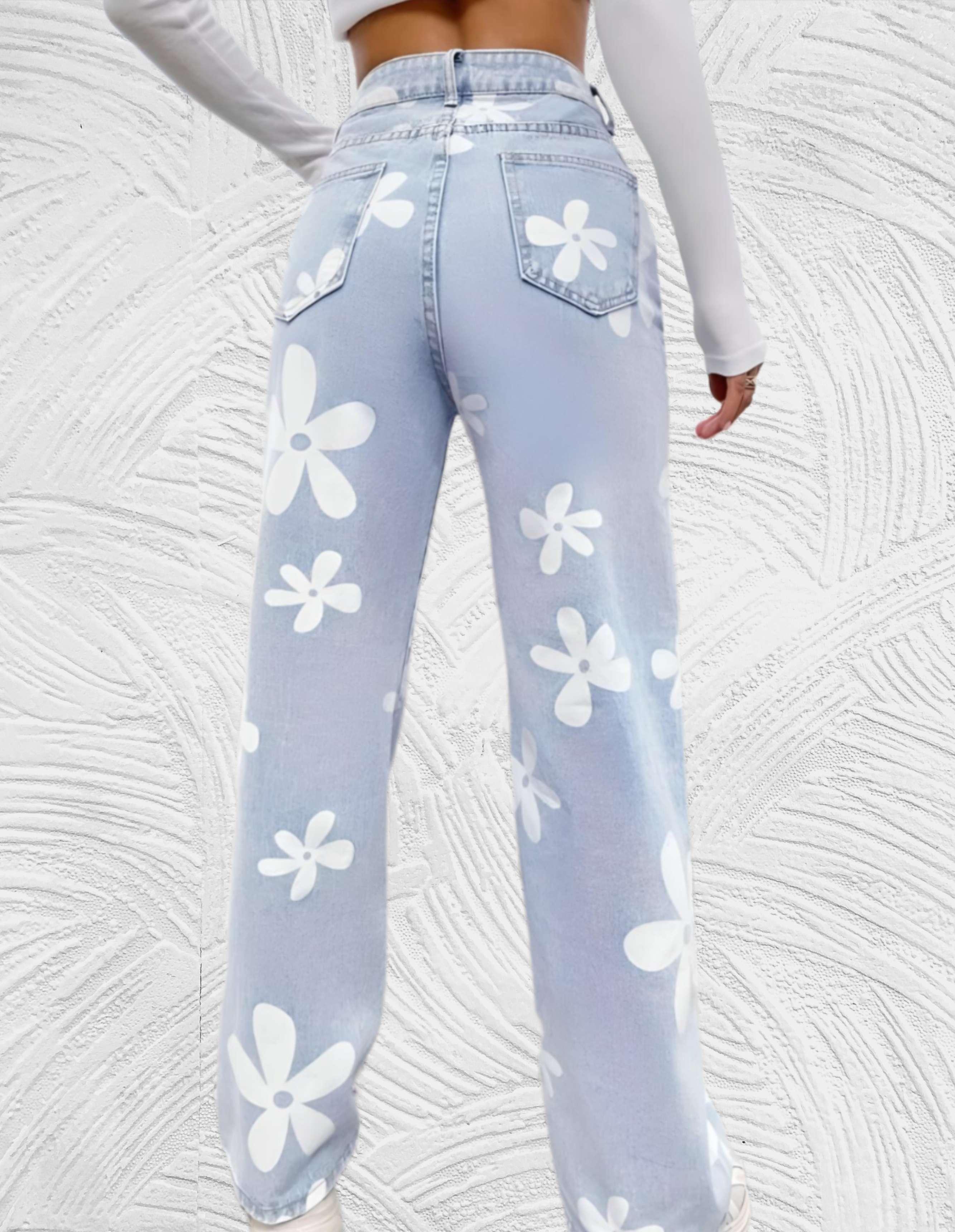 Denim jeans met hoge taille wijde pijpen met print van witte bloemen