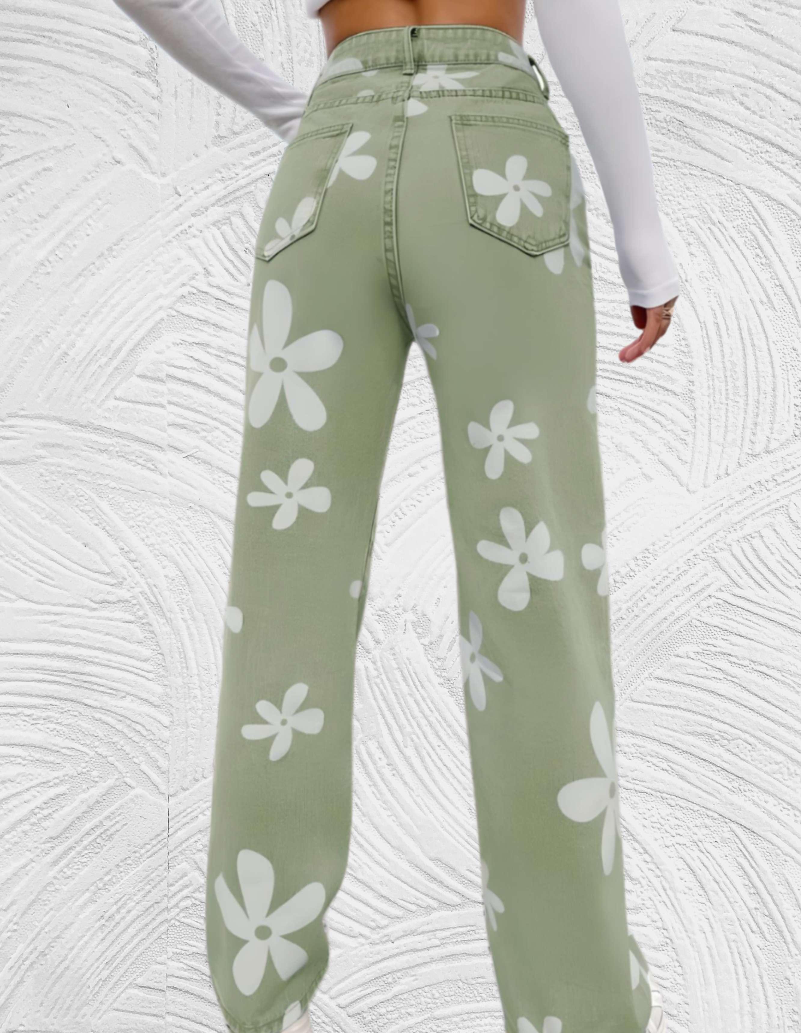 Denim jeans met hoge taille wijde pijpen met print van witte bloemen