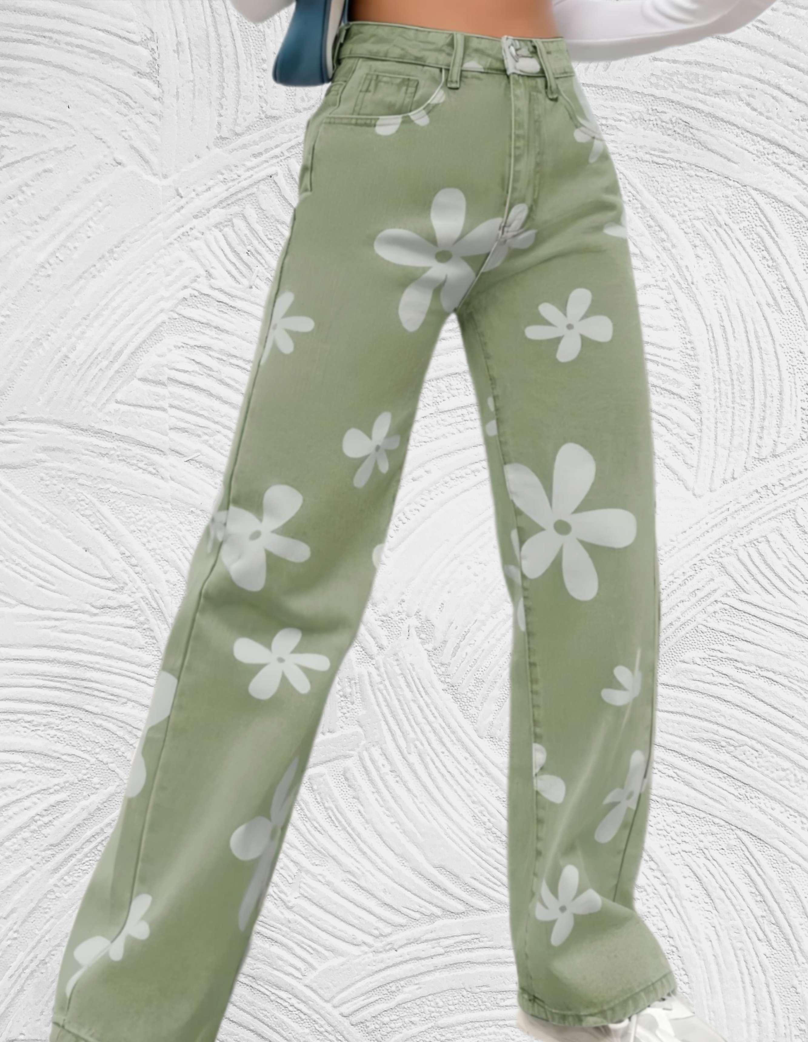 Denim jeans met hoge taille wijde pijpen met print van witte bloemen