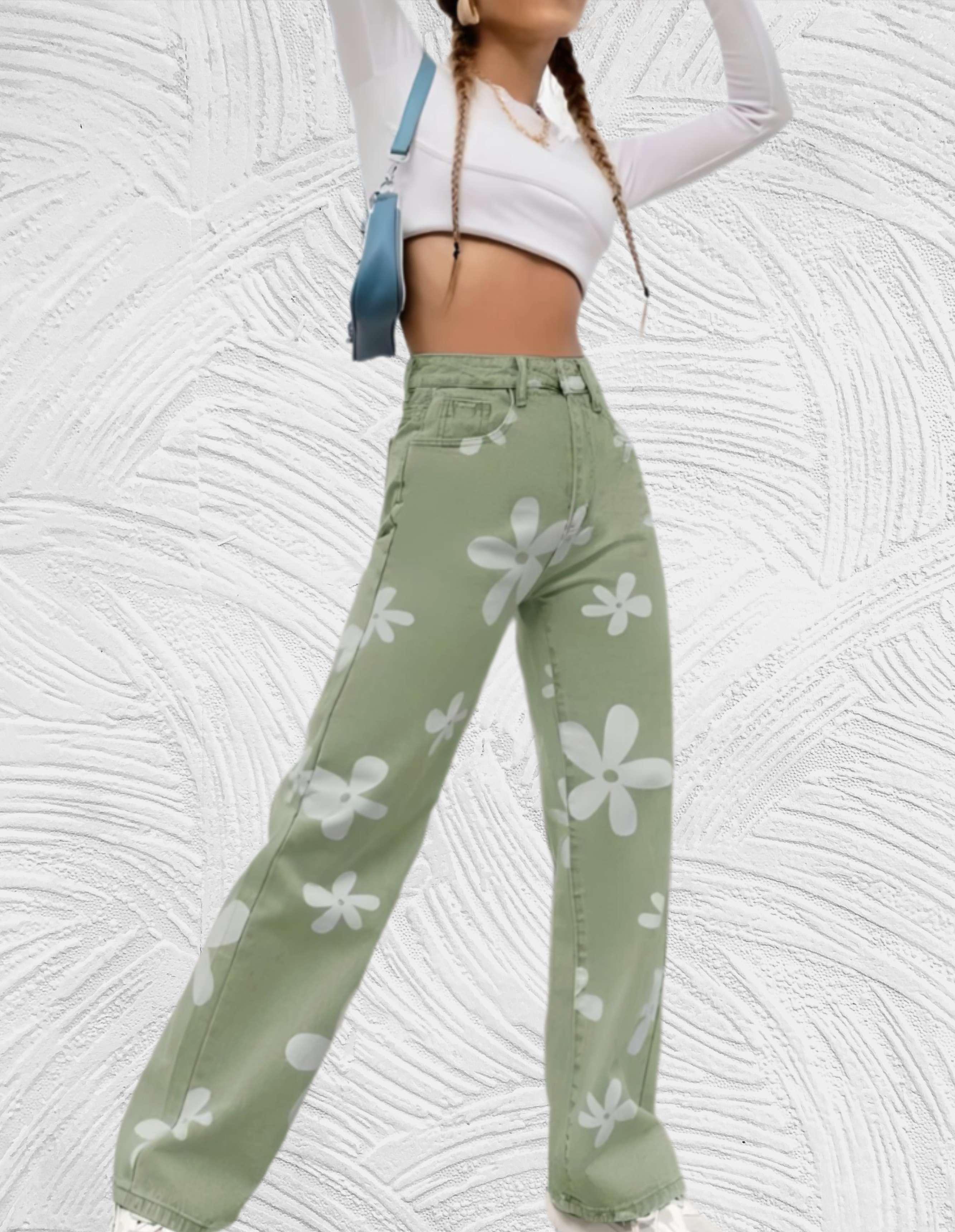 Denim jeans met hoge taille wijde pijpen met print van witte bloemen