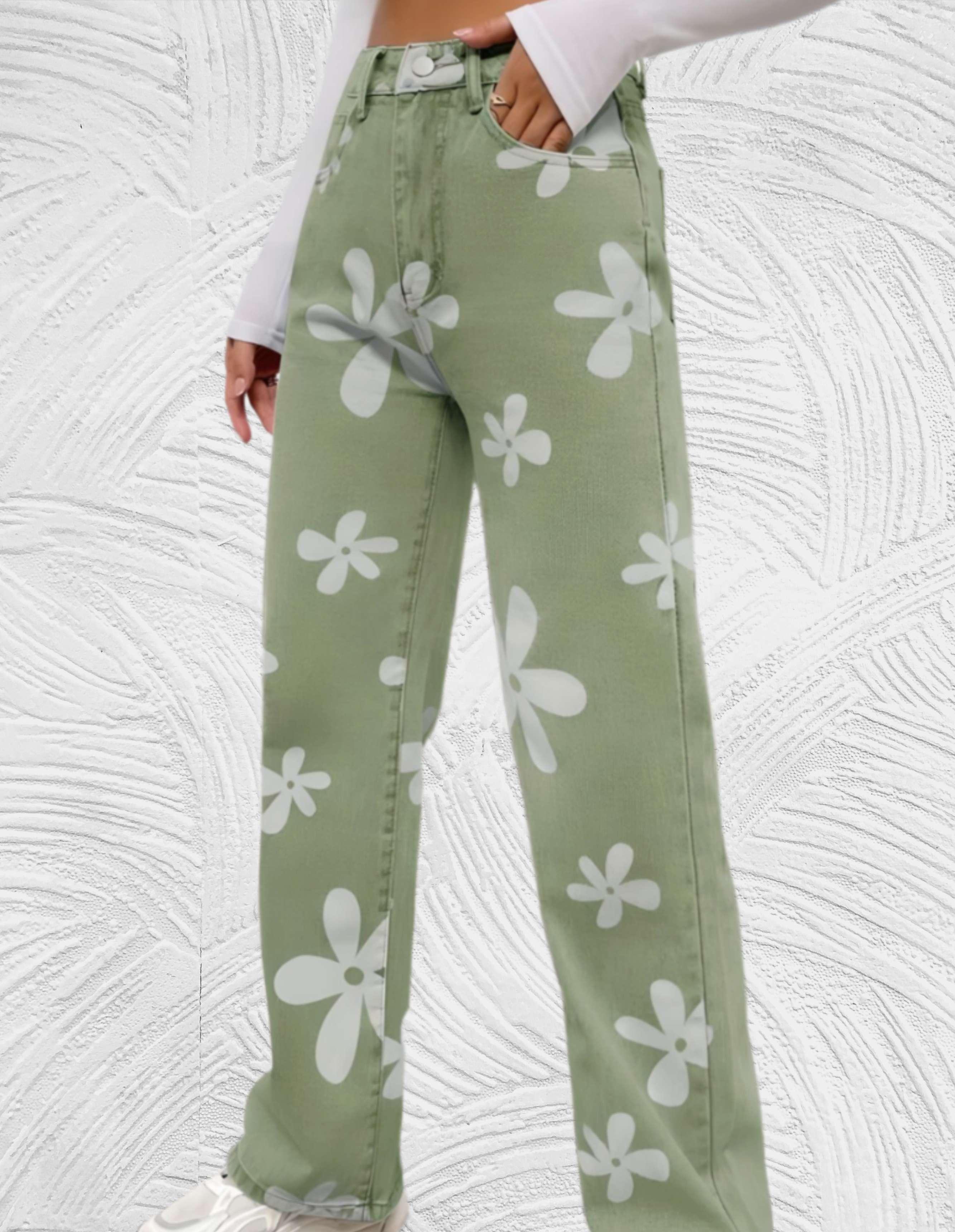 Denim jeans met hoge taille wijde pijpen met print van witte bloemen