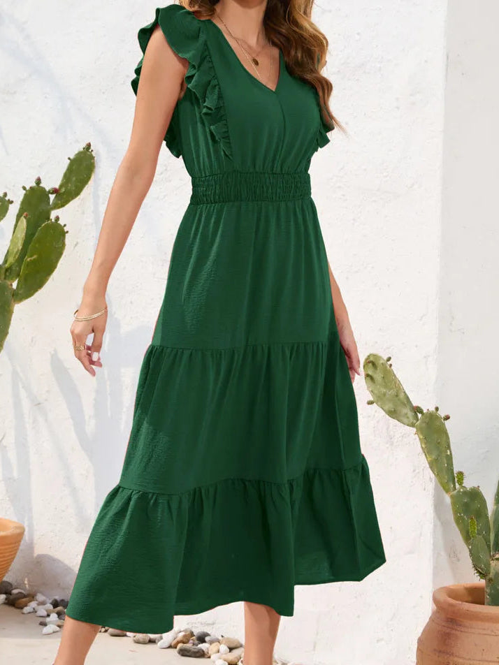 2025 Summer Female Solid Long Dress Women Sexy Ruffle Sleeveless V Neck Long Dress Lady Casual High Waist Dresses