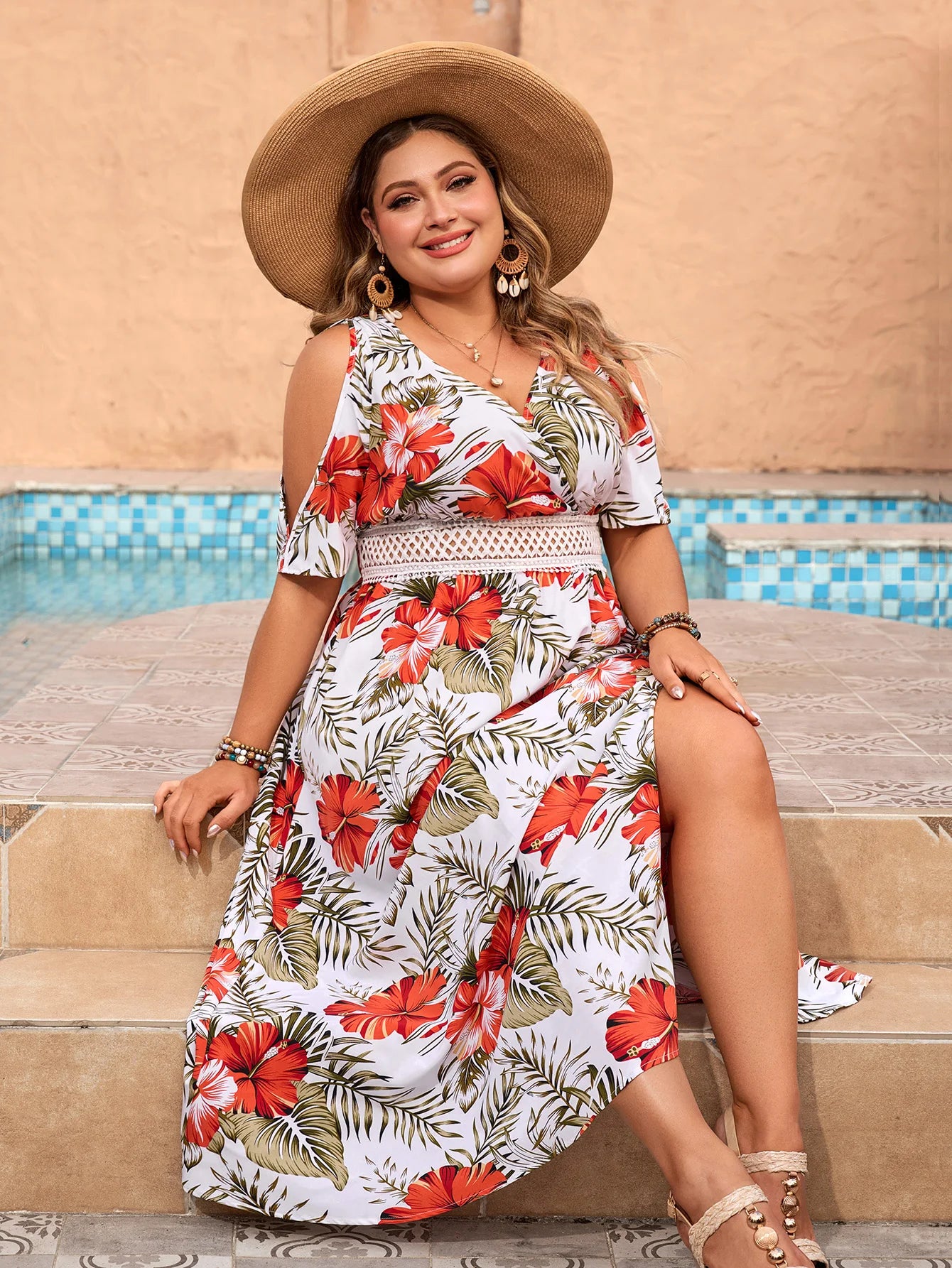 plus Size Cold Shoulder V Neck Floral Print A-Line Dress 2024 Women Summer Vacation Beach Hollow Out Boho Long Dresses