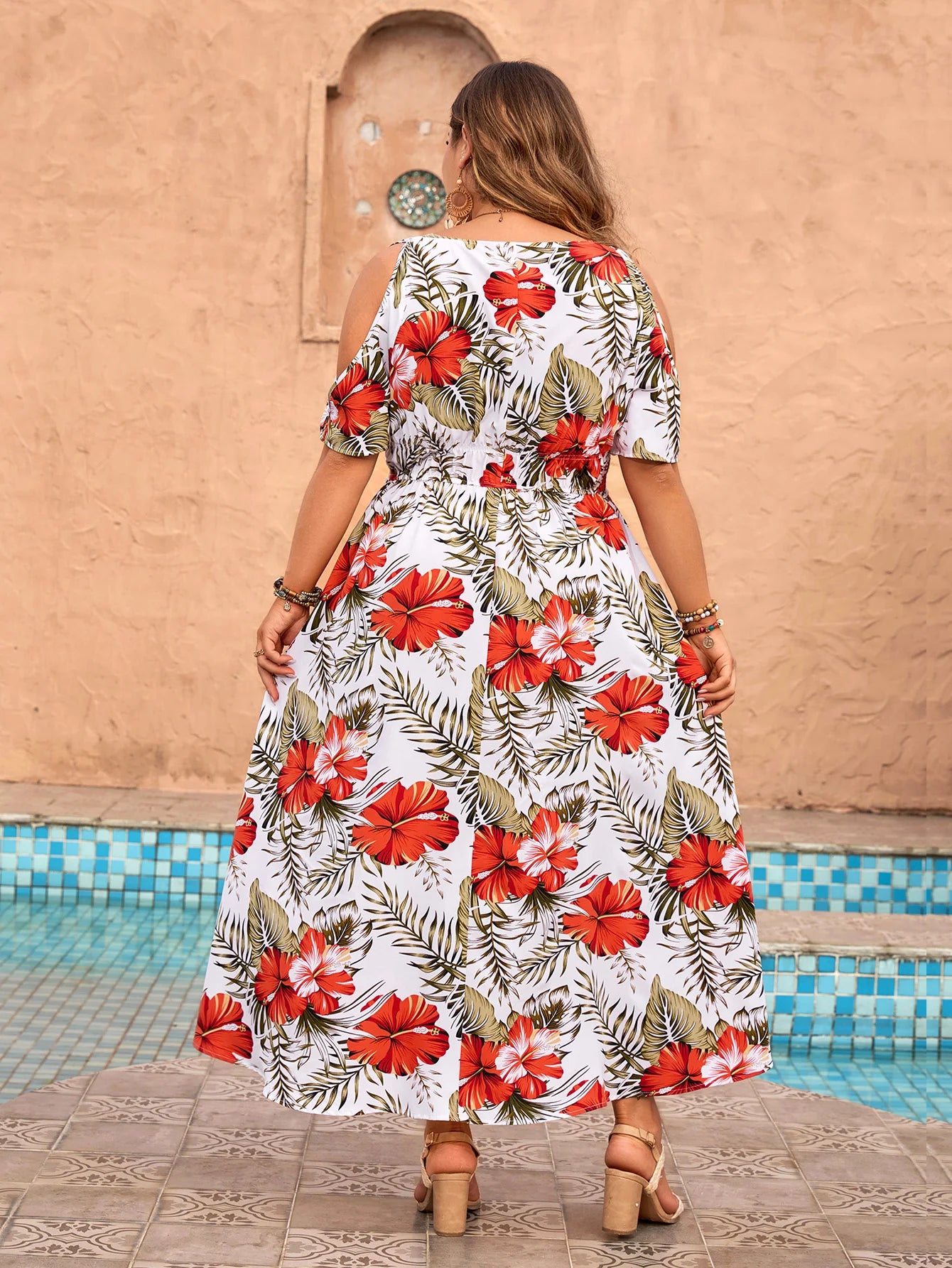 plus Size Cold Shoulder V Neck Floral Print A-Line Dress 2024 Women Summer Vacation Beach Hollow Out Boho Long Dresses