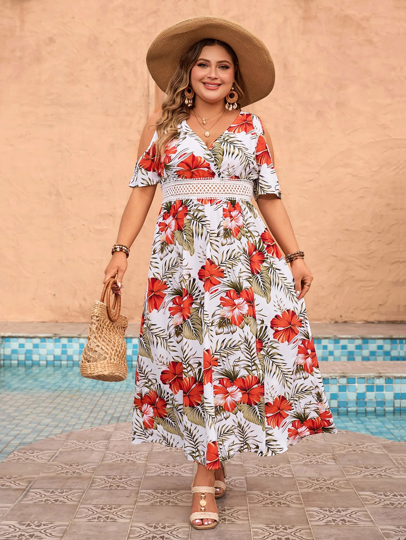 plus Size Cold Shoulder V Neck Floral Print A-Line Dress 2024 Women Summer Vacation Beach Hollow Out Boho Long Dresses